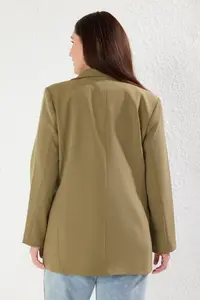 Trendyol Curve Light Khaki Regular Lined Double breasted Kapama Weaving Plus Size Blazer Jacket - Image 5