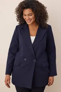 Trendyol Curve Navy Blue Regular Lined Double breasted Kapama Weaving Plus Size Blazer Jacket - Image 2