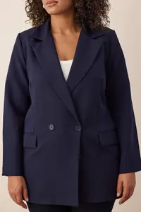 Trendyol Curve Navy Blue Regular Lined Double breasted Kapama Weaving Plus Size Blazer Jacket - Image 3