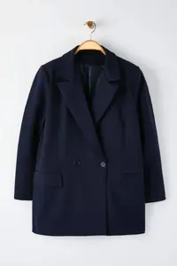 Trendyol Curve Navy Blue Regular Lined Double breasted Kapama Weaving Plus Size Blazer Jacket - Image 5
