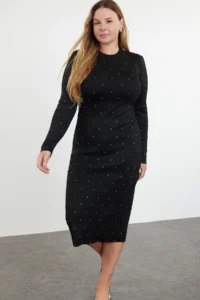 Trendyol Curve Black Stoned Crew Neck Knit Dress
