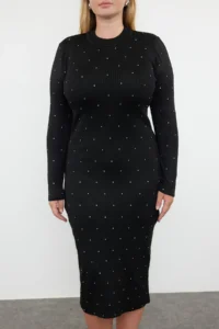 Trendyol Curve Black Stoned Crew Neck Knit Dress - Image 3