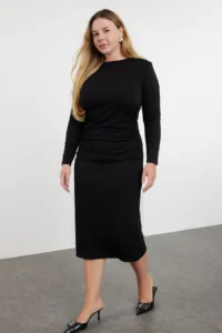 Trendyol Curve Black Ruffle Detailed shift Knitting Plus Size Dress