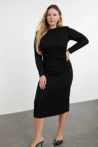 Trendyol Curve Black Ruffle Detailed shift Knitting Plus Size Dress - Image 2