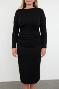 Trendyol Curve Black Ruffle Detailed shift Knitting Plus Size Dress - Image 3