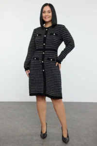 Trendyol Curve Black Patterned buttoned Knit Dress