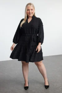 Trendyol Curve Black V-neck Balloon Sleeve Belted with pompom Weaving Mini Plus Size Dress