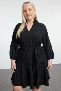 Trendyol Curve Black V-neck Balloon Sleeve Belted with pompom Weaving Mini Plus Size Dress - Image 2