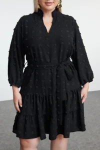 Trendyol Curve Black V-neck Balloon Sleeve Belted with pompom Weaving Mini Plus Size Dress - Image 3