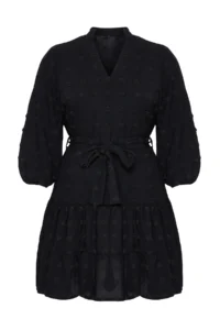 Trendyol Curve Black V-neck Balloon Sleeve Belted with pompom Weaving Mini Plus Size Dress - Image 6