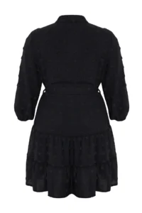 Trendyol Curve Black V-neck Balloon Sleeve Belted with pompom Weaving Mini Plus Size Dress - Image 7