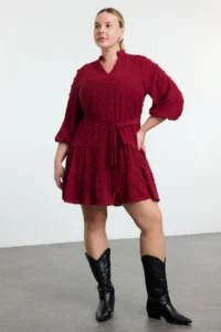 Trendyol Curve Burgundy V-neck Balloon Sleeve Belted with pompom Weaving Mini Plus Size Dress