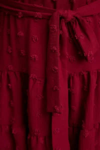 Trendyol Curve Burgundy V-neck Balloon Sleeve Belted with pompom Weaving Mini Plus Size Dress - Image 4