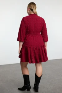 Trendyol Curve Burgundy V-neck Balloon Sleeve Belted with pompom Weaving Mini Plus Size Dress - Image 5