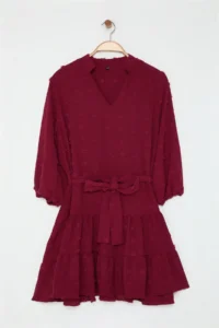 Trendyol Curve Burgundy V-neck Balloon Sleeve Belted with pompom Weaving Mini Plus Size Dress - Image 6