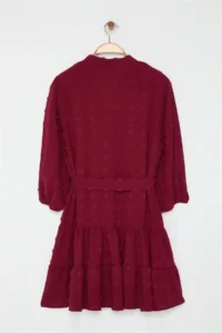 Trendyol Curve Burgundy V-neck Balloon Sleeve Belted with pompom Weaving Mini Plus Size Dress - Image 8