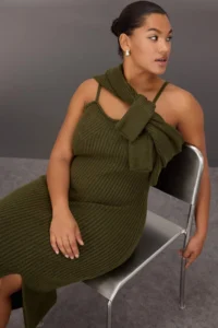Trendyol Curve Khaki Ribbed slit Midi Size Knit Dress&Bolero Set