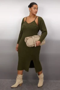 Trendyol Curve Khaki Ribbed slit Midi Size Knit Dress&Bolero Set - Image 2