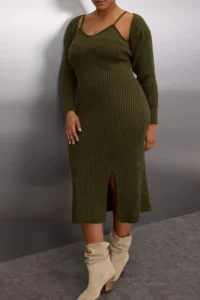 Trendyol Curve Khaki Ribbed slit Midi Size Knit Dress&Bolero Set - Image 3
