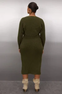 Trendyol Curve Khaki Ribbed slit Midi Size Knit Dress&Bolero Set - Image 4