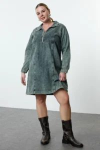 Trendyol Curve Mavi Shirt Collar 100% Cotton denim Plus Size Dress