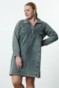 Trendyol Curve Mavi Shirt Collar 100% Cotton denim Plus Size Dress - Image 2