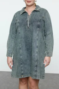 Trendyol Curve Mavi Shirt Collar 100% Cotton denim Plus Size Dress - Image 3