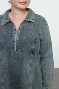 Trendyol Curve Mavi Shirt Collar 100% Cotton denim Plus Size Dress - Image 4