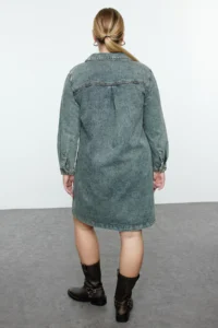 Trendyol Curve Mavi Shirt Collar 100% Cotton denim Plus Size Dress - Image 5
