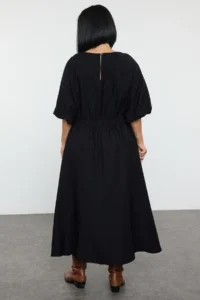 Trendyol Curve Black textured Balloon Sleeve Midi Weaving Plus Size Dress - Image 5