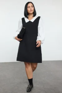 Trendyol Curve Black Shirt Collar Tweed Weaving Plus Size Dress