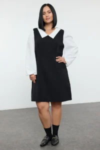 Trendyol Curve Black Shirt Collar Tweed Weaving Plus Size Dress - Image 2