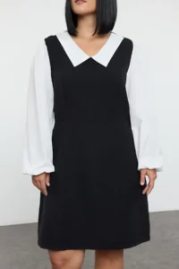 Trendyol Curve Black Shirt Collar Tweed Weaving Plus Size Dress - Image 4