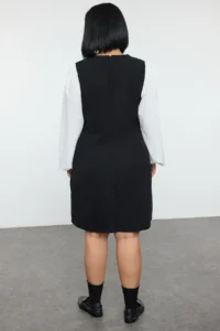 Trendyol Curve Black Shirt Collar Tweed Weaving Plus Size Dress - Image 5