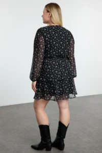 Trendyol Curve Black  flower patterned Skirt Opened at Waist with bow Siphon Weaving Plus Size Dress - Image 10