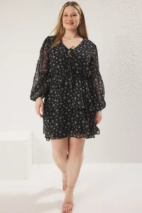 Trendyol Curve Black  flower patterned Skirt Opened at Waist with bow Siphon Weaving Plus Size Dress - Image 2