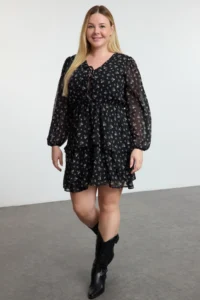 Trendyol Curve Black  flower patterned Skirt Opened at Waist with bow Siphon Weaving Plus Size Dress - Image 6