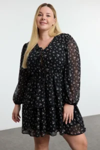 Trendyol Curve Black  flower patterned Skirt Opened at Waist with bow Siphon Weaving Plus Size Dress - Image 7