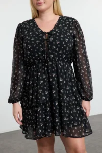Trendyol Curve Black  flower patterned Skirt Opened at Waist with bow Siphon Weaving Plus Size Dress - Image 9