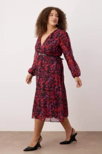 Trendyol Curve Burgundy Floral Arched A Cut Midi Double breasted Yaka Patterned Siphon Weaving Dress - Image 2