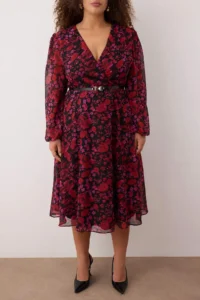 Trendyol Curve Burgundy Floral Arched A Cut Midi Double breasted Yaka Patterned Siphon Weaving Dress - Image 3