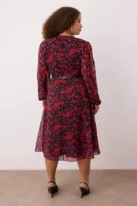 Trendyol Curve Burgundy Floral Arched A Cut Midi Double breasted Yaka Patterned Siphon Weaving Dress - Image 4