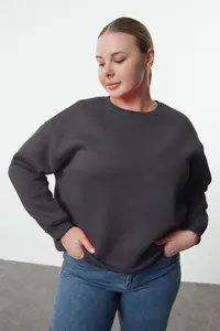 Trendyol Curve Anthracite Oversized/Large Cut Basic Crew Neck Thick/Fleece-lined Knitting Sweatshirt - Image 2