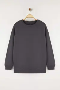 Trendyol Curve Anthracite Oversized/Large Cut Basic Crew Neck Thick/Fleece-lined Knitting Sweatshirt - Image 5