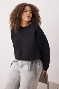 Trendyol Curve Black Oversized/Comfortable Cut Basic Crew Neck Thick/Fleece-lined Knitting Sweatshirt - Image 2