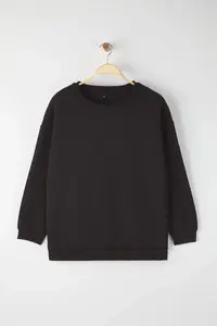 Trendyol Curve Black Oversized/Comfortable Cut Basic Crew Neck Thick/Fleece-lined Knitting Sweatshirt - Image 5