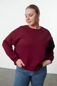 Trendyol Curve Burgundy Oversized/Relaxed Cut Basic Crew Neck Thick/Fleece-lined Knitting Sweatshirt