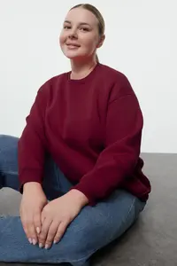 Trendyol Curve Burgundy Oversized/Relaxed Cut Basic Crew Neck Thick/Fleece-lined Knitting Sweatshirt - Image 2