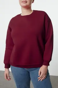 Trendyol Curve Burgundy Oversized/Relaxed Cut Basic Crew Neck Thick/Fleece-lined Knitting Sweatshirt - Image 3