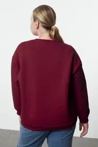 Trendyol Curve Burgundy Oversized/Relaxed Cut Basic Crew Neck Thick/Fleece-lined Knitting Sweatshirt - Image 4